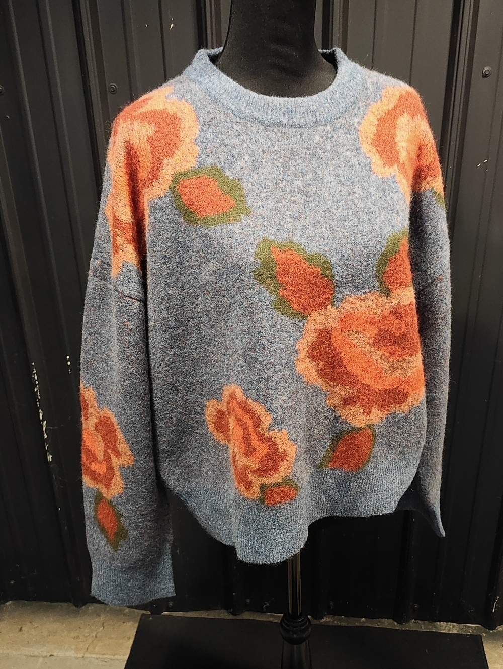 NATURAL LIFE Blue Crewneck Sweater with Orange Floral Motif